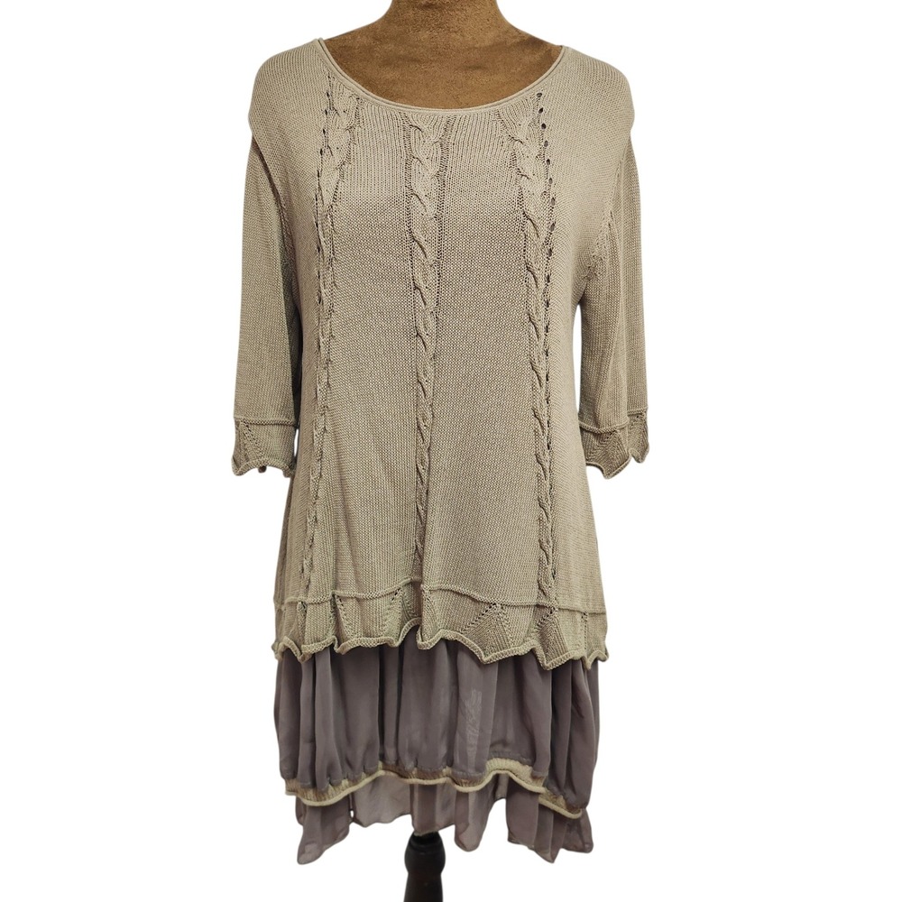 Simply Couture Taupe Olive Knit Layered Ruffle Hem Tunic Sweater Medium